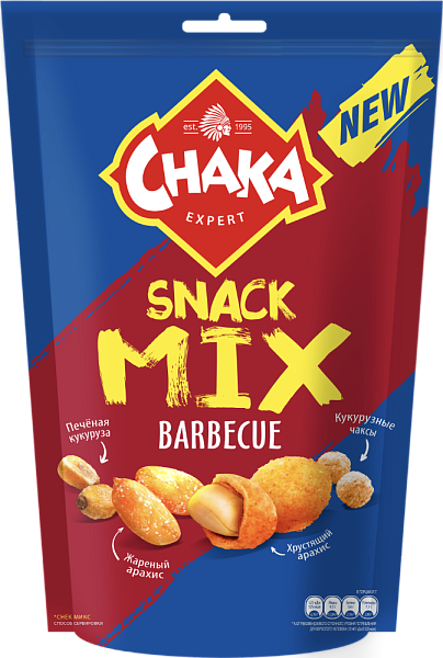 Chaka snack mix: Смесь из обжаренного арахиса, зерна кукурузы и кукурузно-ржаных чаксов со вкусом Барбекю 150г
