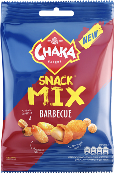 Chaka snack mix: Смесь из обжаренного арахиса, зерна кукурузы и кукурузно-ржаных чаксов со вкусом Барбекю 50г