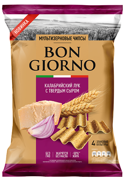 Продукт зерновой «Чипсы мультизерновые» «Bon Giorno» со вкусом «Калабрийский лук с твердым сыром»